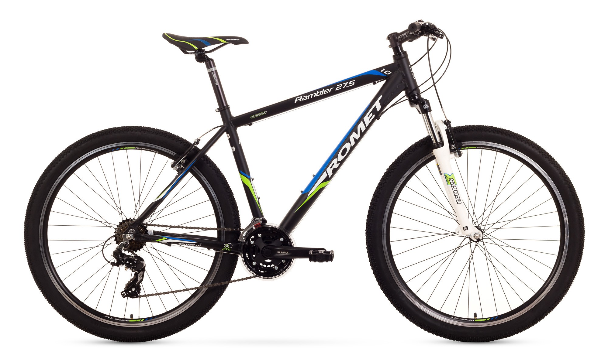 Bicicleta MTB Romet Rambler 27.5 1.0 - negru-verde-albastru